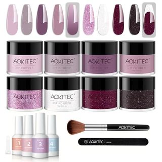 Aokitec 14pcs Dip Powder Nail Kit Starter 8colors Collection , Acrylic Dipping Powder Liquid Set With Base Top Coat Activator Brush Saver for French Nails Art Manicure Diy Salon