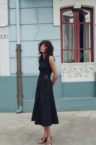 Belted Mixed Midi Dress