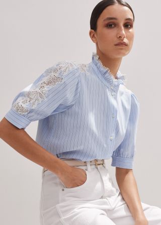 Cotton Stripe Lace Detail Blouse