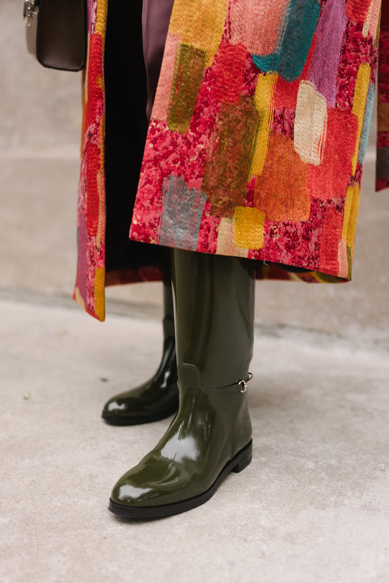 red brushstroke brocade coat green leather tall boots