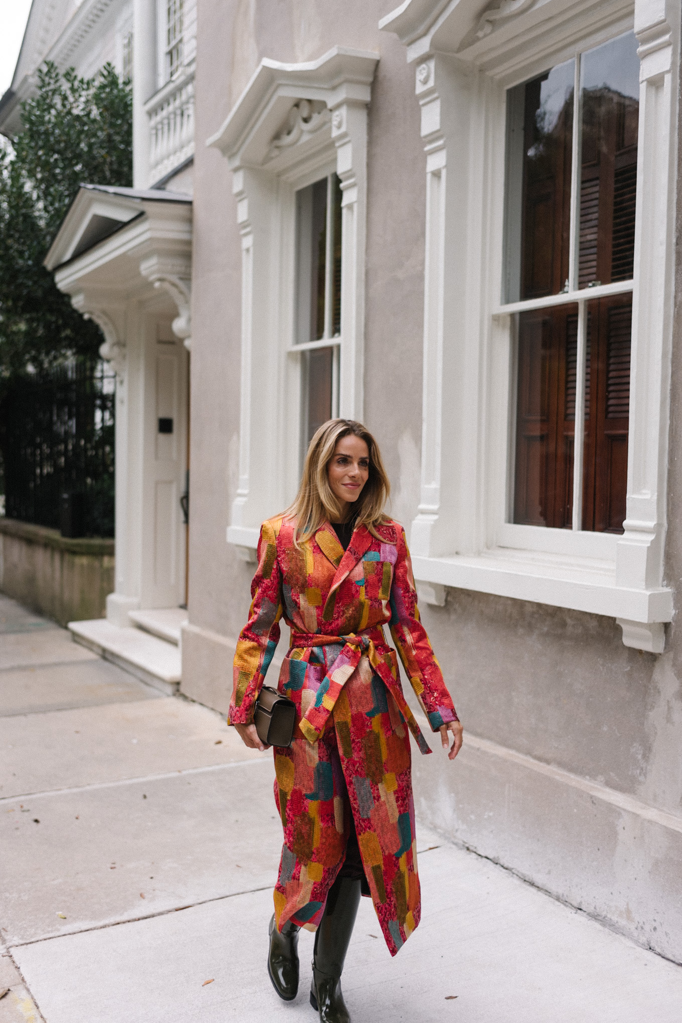 red brushstroke brocade coat green leather tall boots