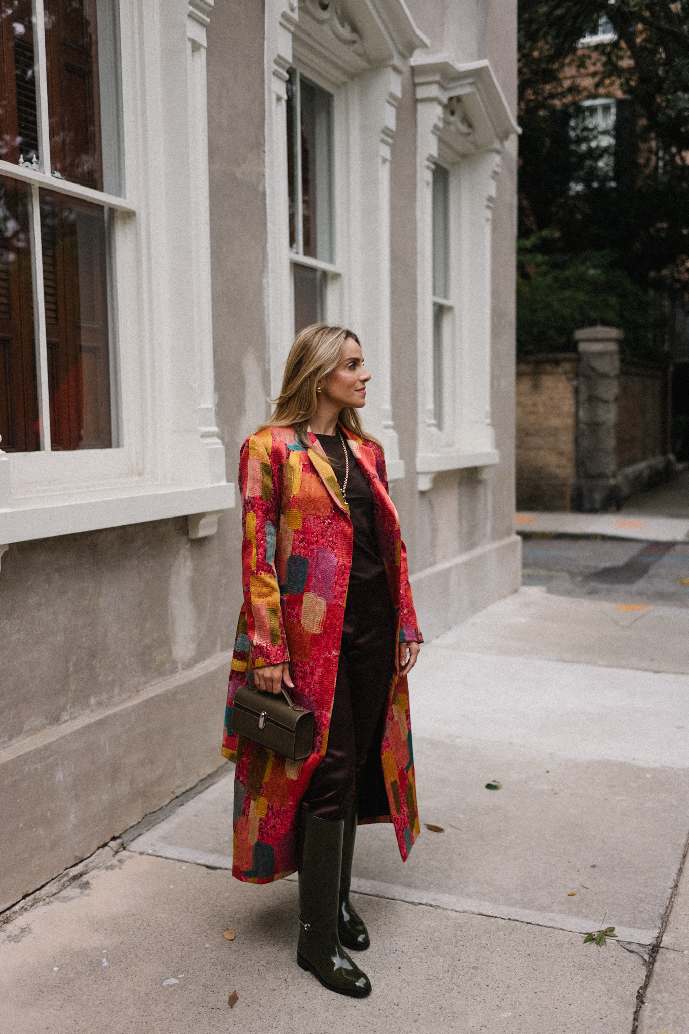 red brushstroke brocade coat green leather tall boots