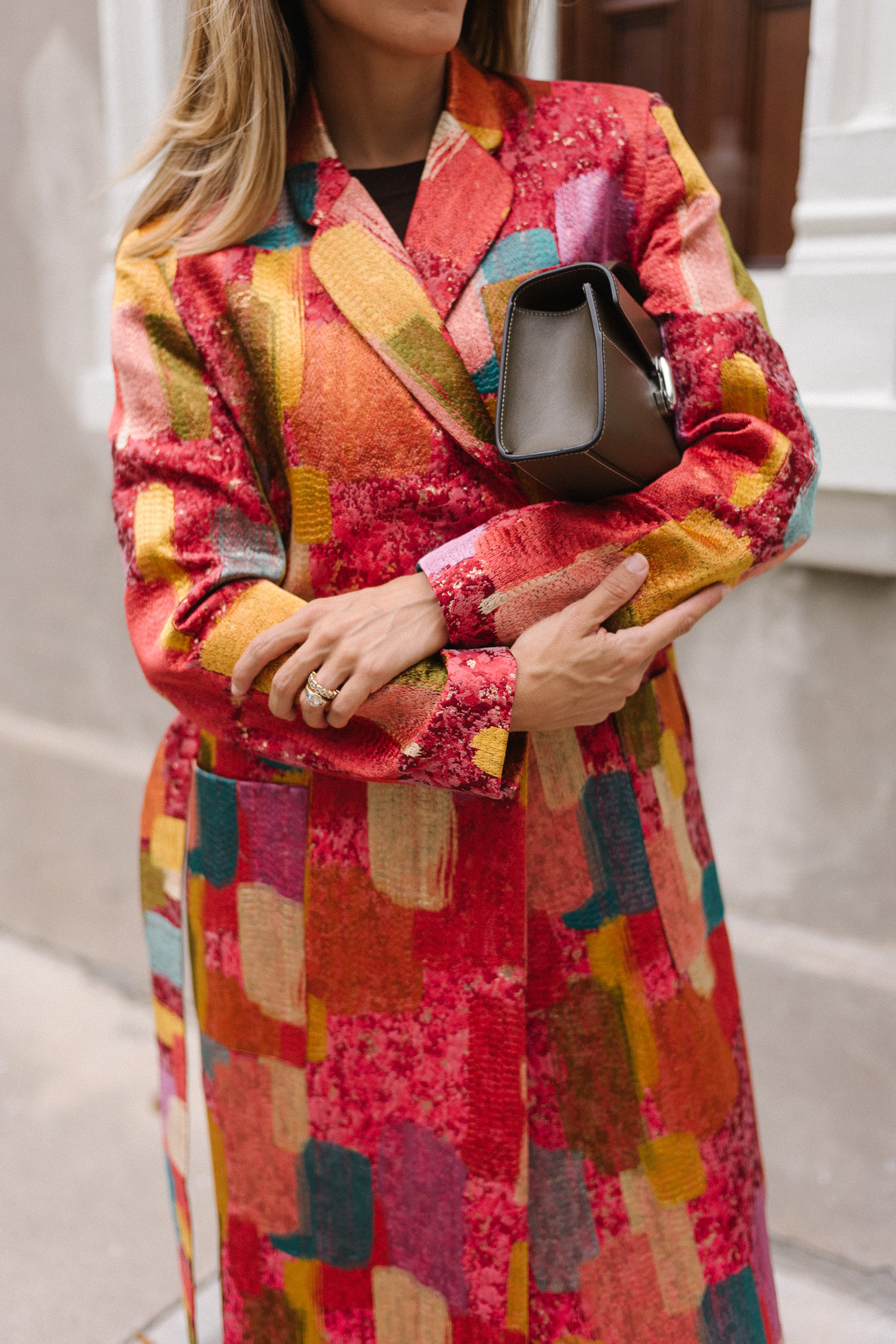 red brushstroke brocade coat green leather tall boots