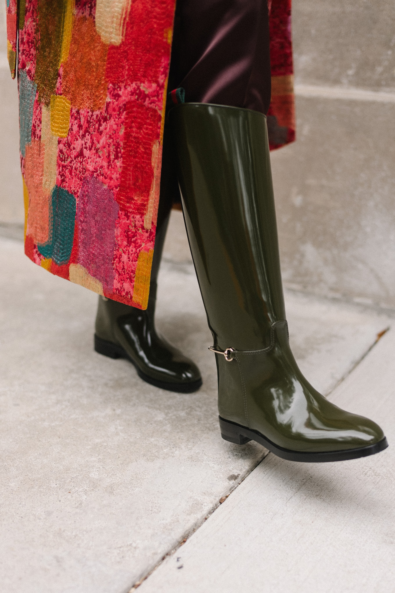 red brushstroke brocade coat green leather tall boots