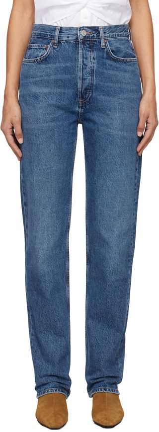 Blue '90s Pinch Waist High Rise Straight Long Jeans