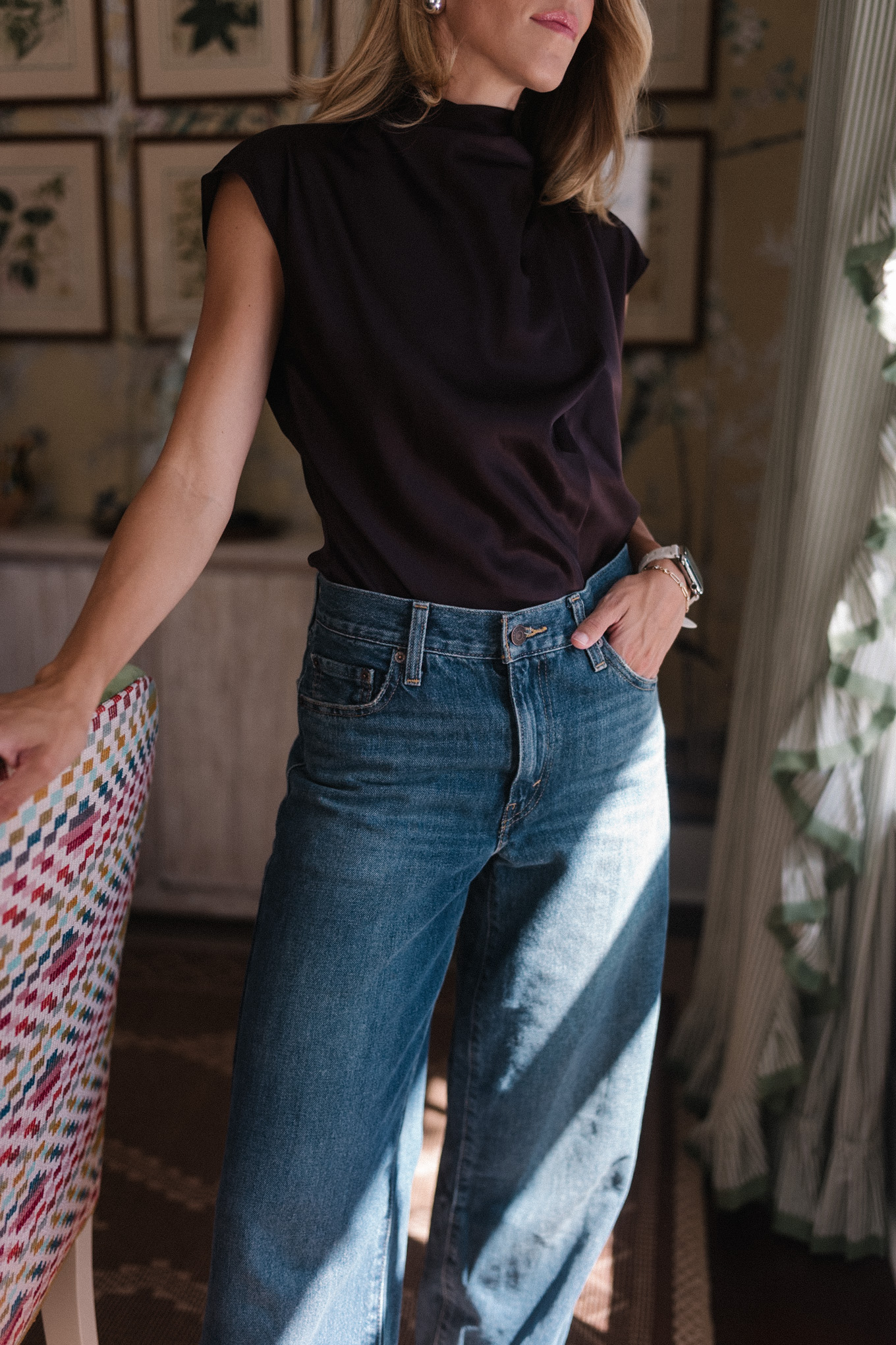 brown silk top baggy blue denim silver heels