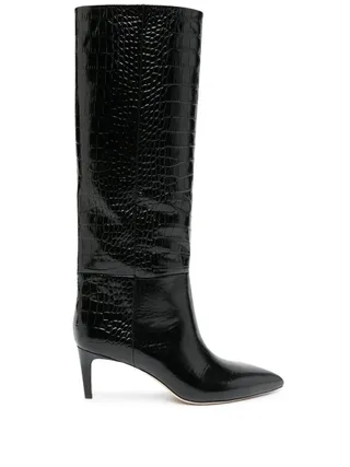 Paris Texas, Black 65 Mock Croc Leather Knee-High Boots 