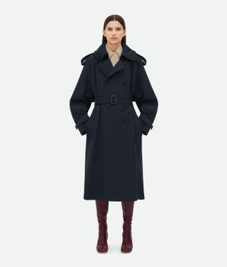 Women's Wool Gabardine Trench Coat in Midnight Blue