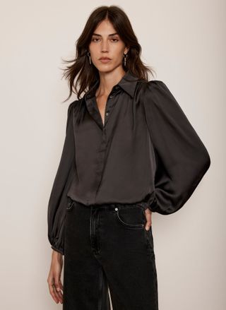 Grey Satin Puff Sleeve Shirt