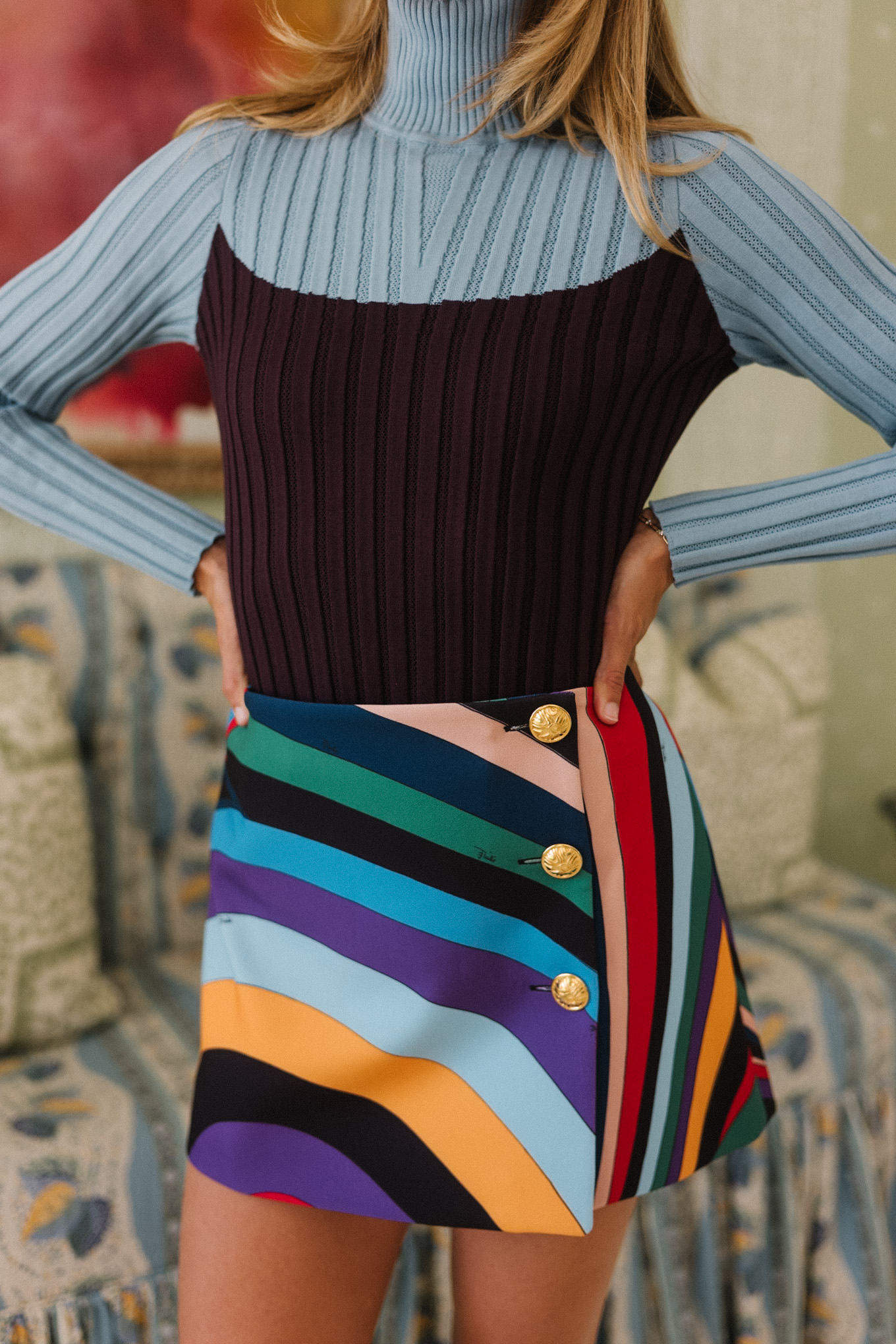 color block turtleneck sweater rainbow skirt