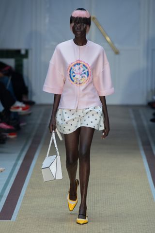 pink motif t-shirt and mini skirt from maitrepierre at paris fashion week spring summer 2025