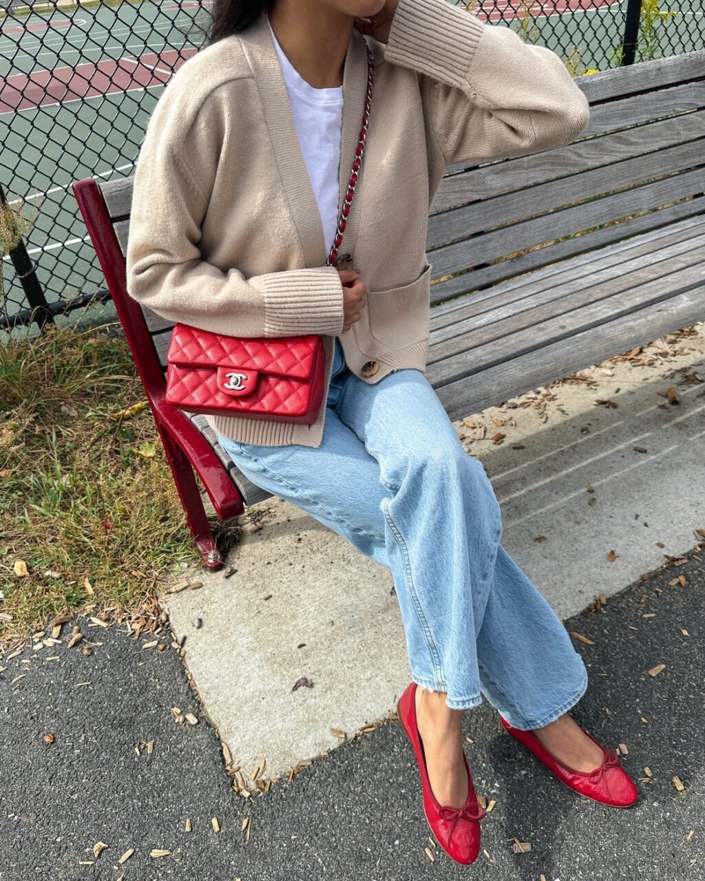 red flats chanel bag fall outfits