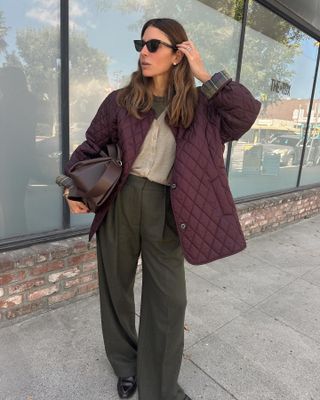 Colours That Go With Burgundy:  @jen_wonders  wears a quilted burgundy jacket with olive green trousers