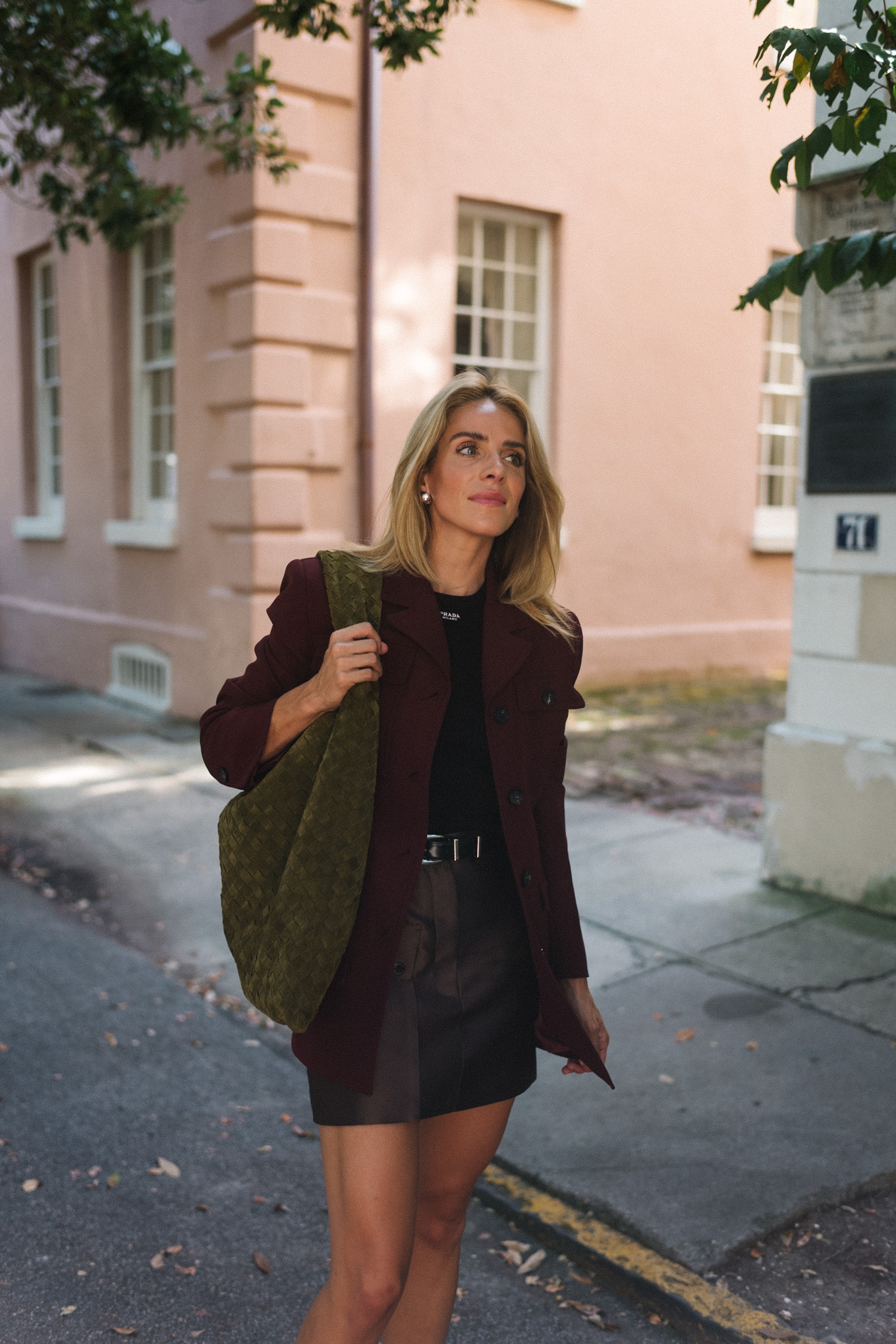 maroon coat leather skirt brown green suede handbag