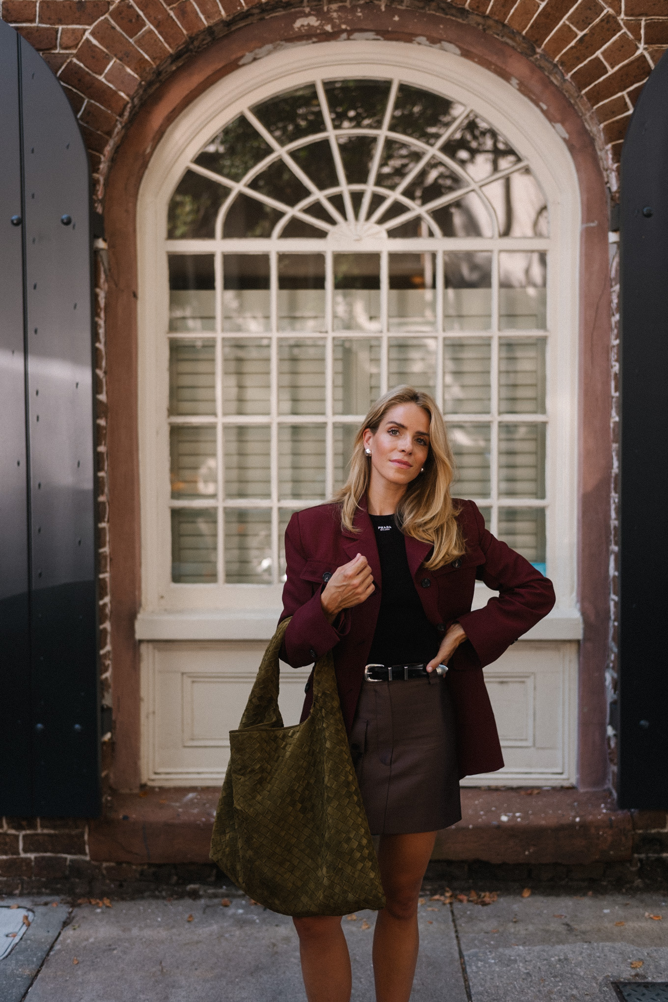 maroon coat leather skirt brown green suede handbag