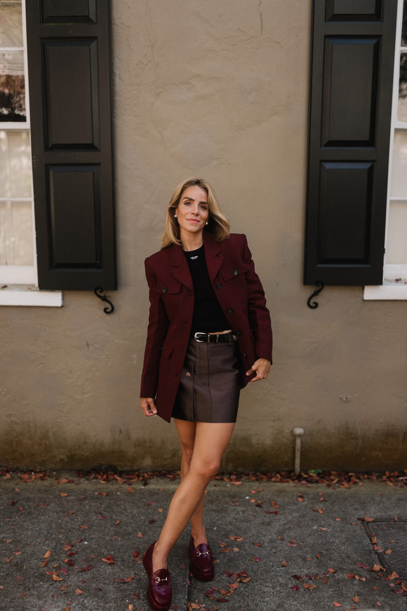 maroon coat leather skirt brown green suede handbag