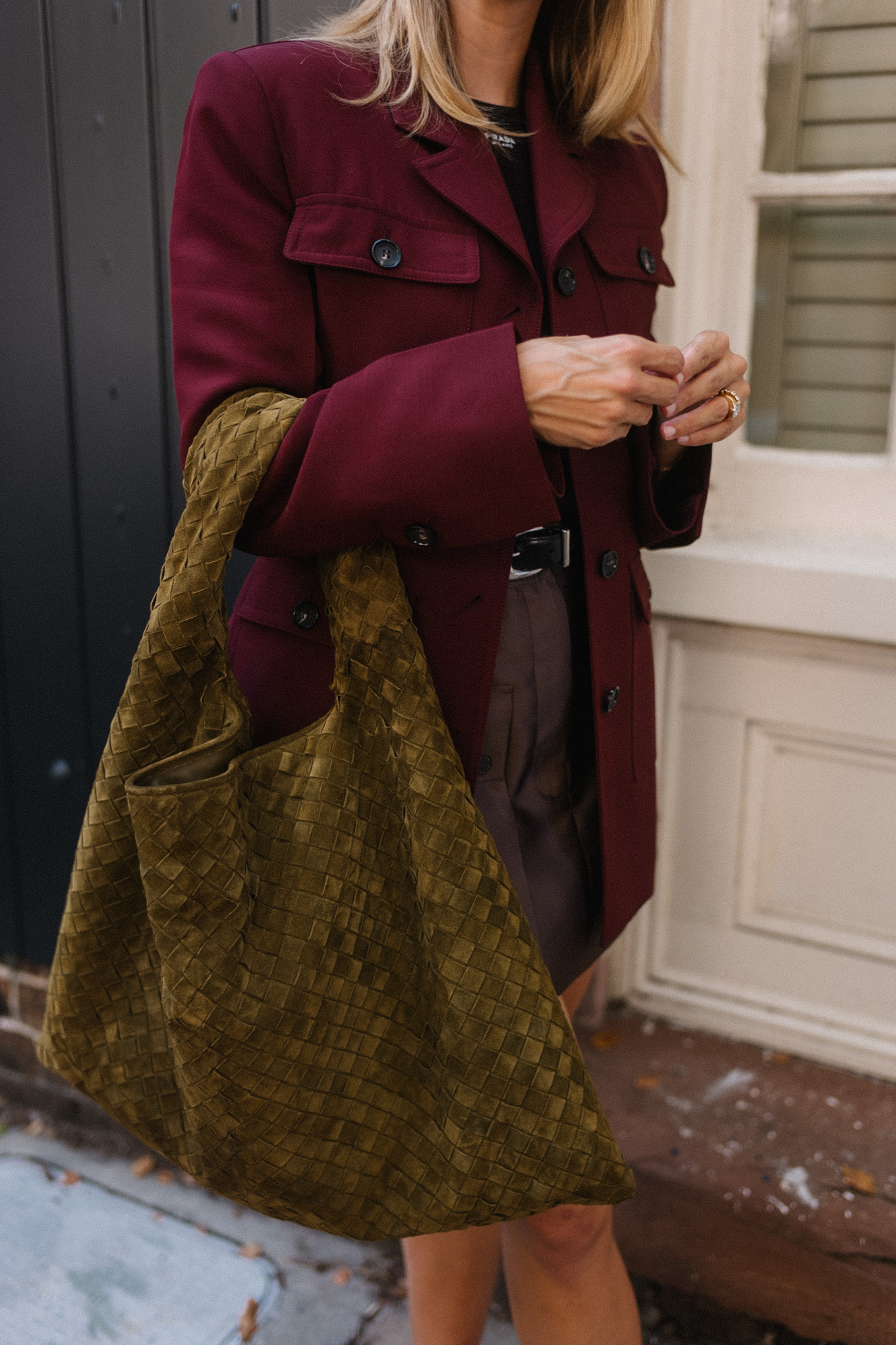 maroon coat leather skirt brown green suede handbag