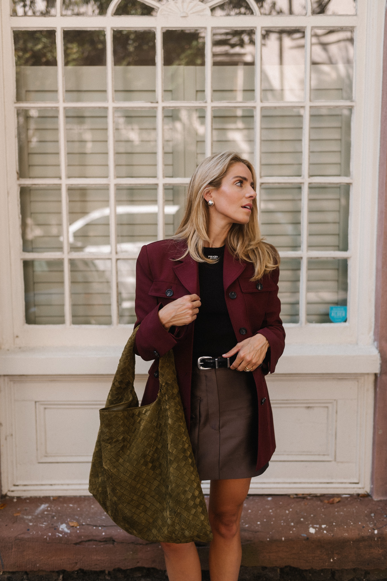 maroon coat leather skirt brown green suede handbag