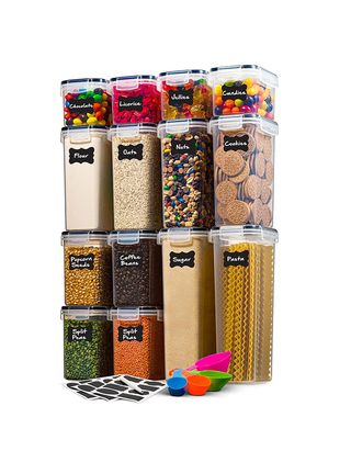 14 Pack Airtight Food Storage Container Set - Bpa Free Clear Plastic Kitchen and Pantry Organization Canisters With Durable Lids for Cereal, Dry Food Flour & Sugar - Labels, Marker & Spoon Set