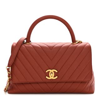 Chanel Caviar Chevron Quilted Small Coco Handle Flap Dark Orange