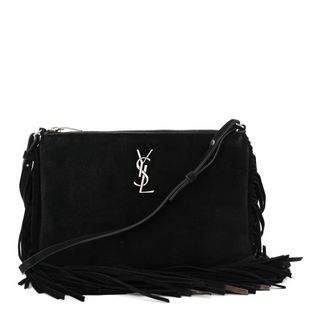 Saint Laurent Suede Calfskin Small Fringe Crossbody Bag Black