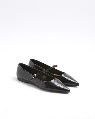 Black Croc Embossed Pointed Ballet Pumps