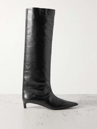 Textured-Leather Point-Toe Knee Boots