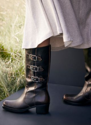 Brown Leather Buckled Long Boots