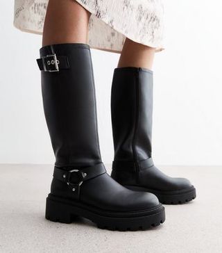 Black Leather-Look Buckled Knee-High Biker Boots