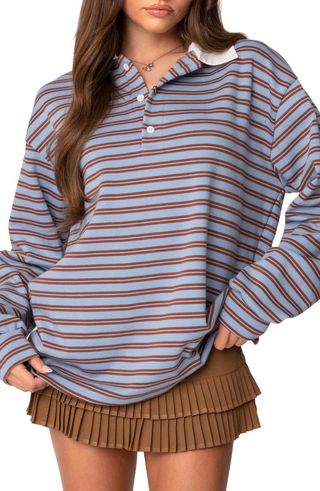 Stripe Long Sleeve Oversize Polo