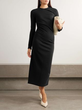 Asymmetric Gathered Jersey Midi Dress