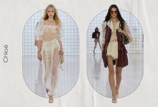 A white background with two ovals filled with runway images from the Chloé S/S 25 show. Text on the left side says 