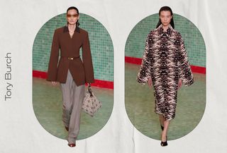 A white background with two ovals filled with runway images from the Tory Burch S/S 25 show. Text on the left side says 