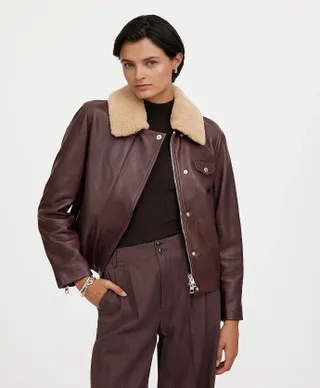 Madewell, Sherpa-Collar Asymmetric Zip-Front Jacket in Leather