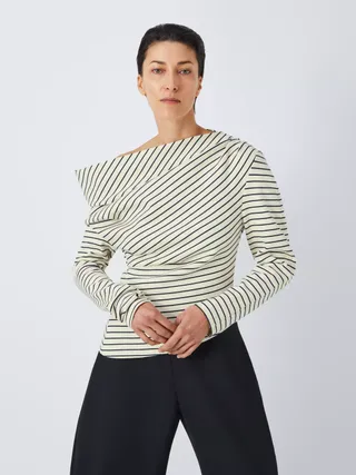 John Lewis X A.w.a.k.e. Mode Stripe Asymmetric Top, Off White/navy