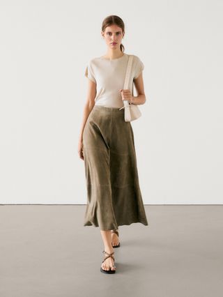 Suede Leather Flared Midi Skirt