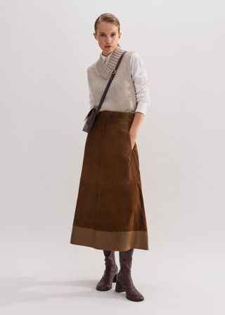 Suede Mix High-Waisted Midi Skirt