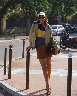 Best Suede Skirts:  @juliesfi wears a mini suede skirt with a rugby shirt and Harrington jacket