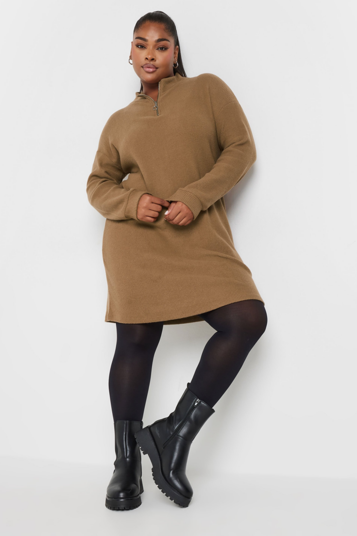 YOURS Curve Natural Brown Soft Touch Zip Neck Jumper Dress