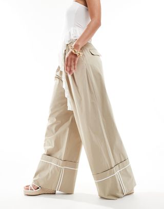 Mango Wide Leg Cuffed Pants in Tan