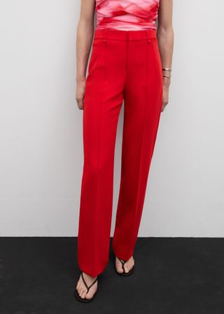 Red Straight-Fit Pants With Decorative Seams