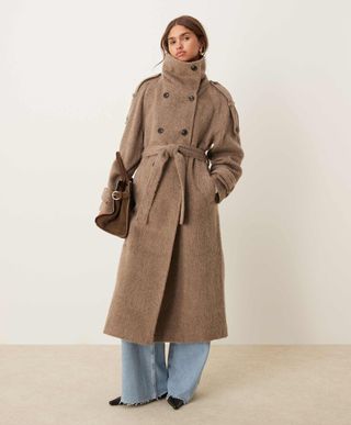 Asos Design Brushed Funnel Neck Trench Coat in Mushroom