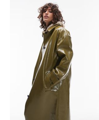 Topshop Vinyl Long Coat in Khaki