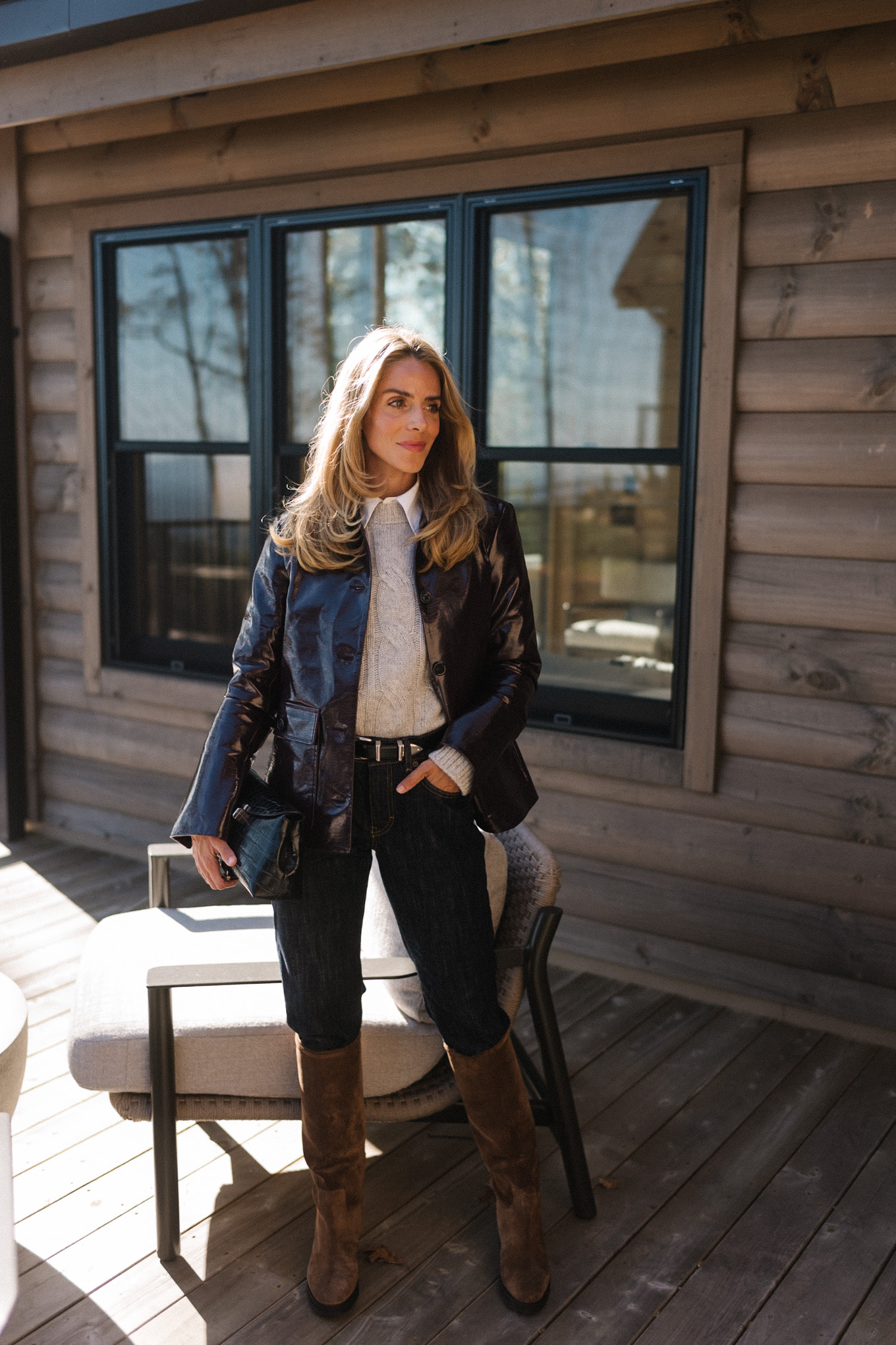 leather jacket grey sweater white button down brown suede boots