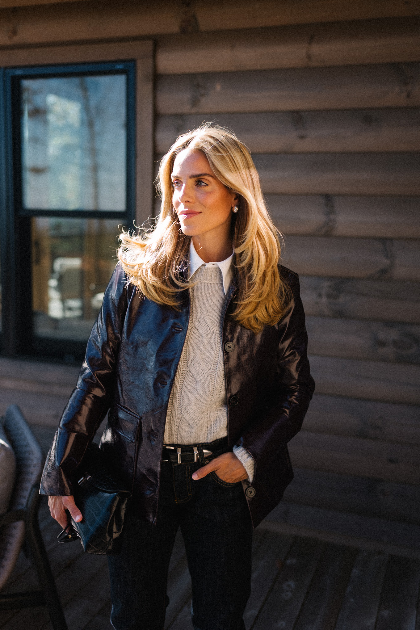 leather jacket grey sweater white button down brown suede boots