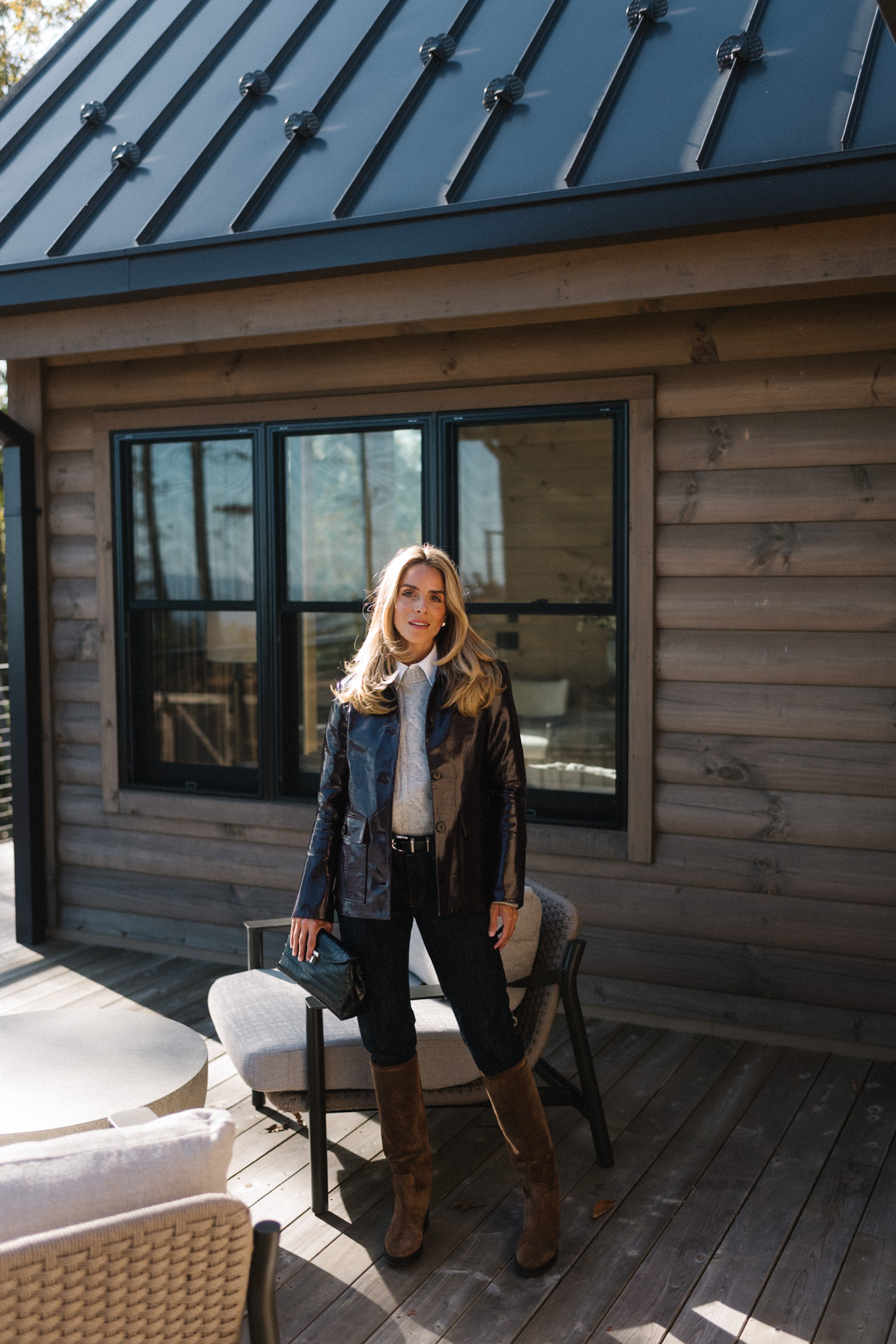 leather jacket grey sweater white button down brown suede boots