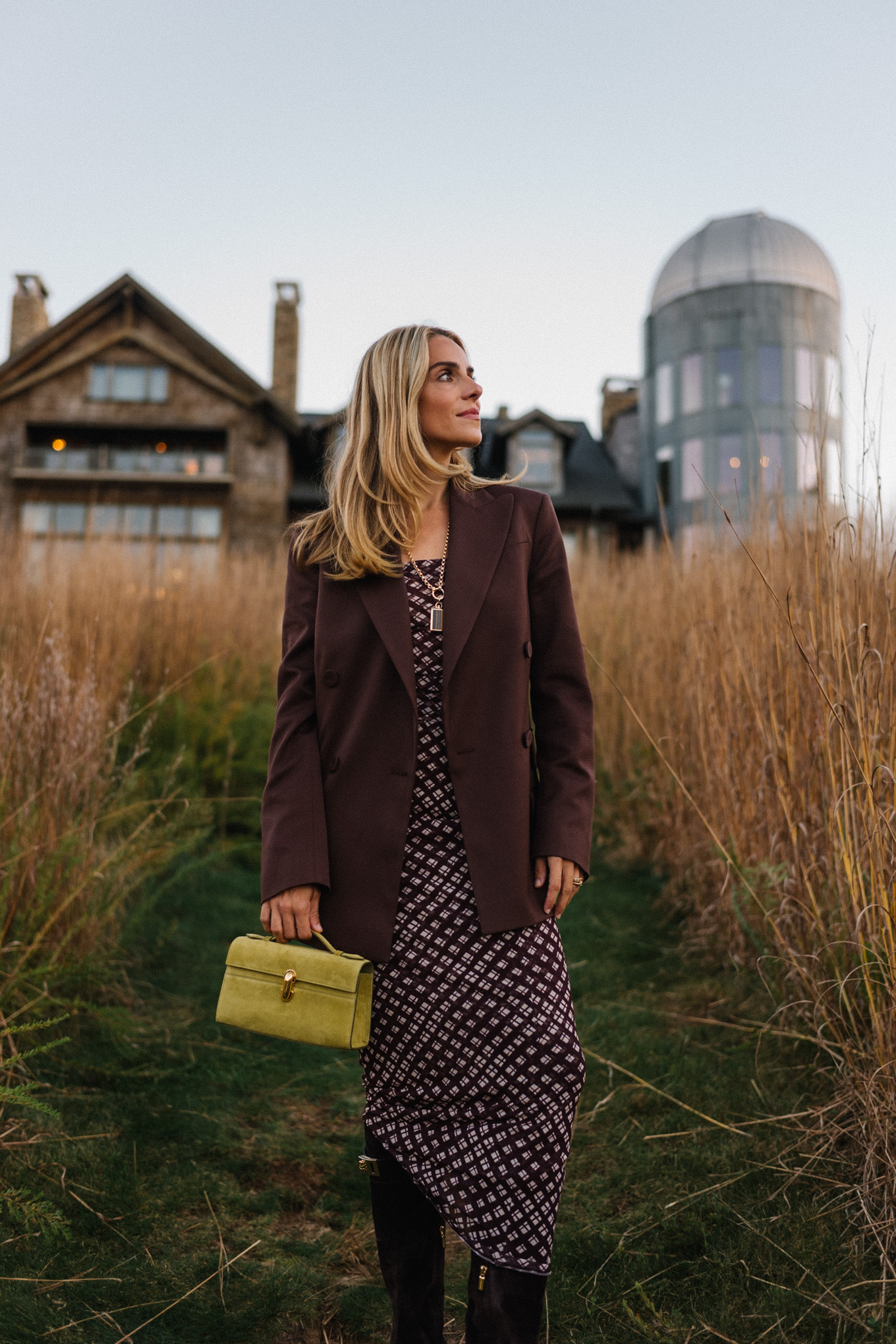 brown mesh checkered skirt set brown blazer brown boots green suede bag