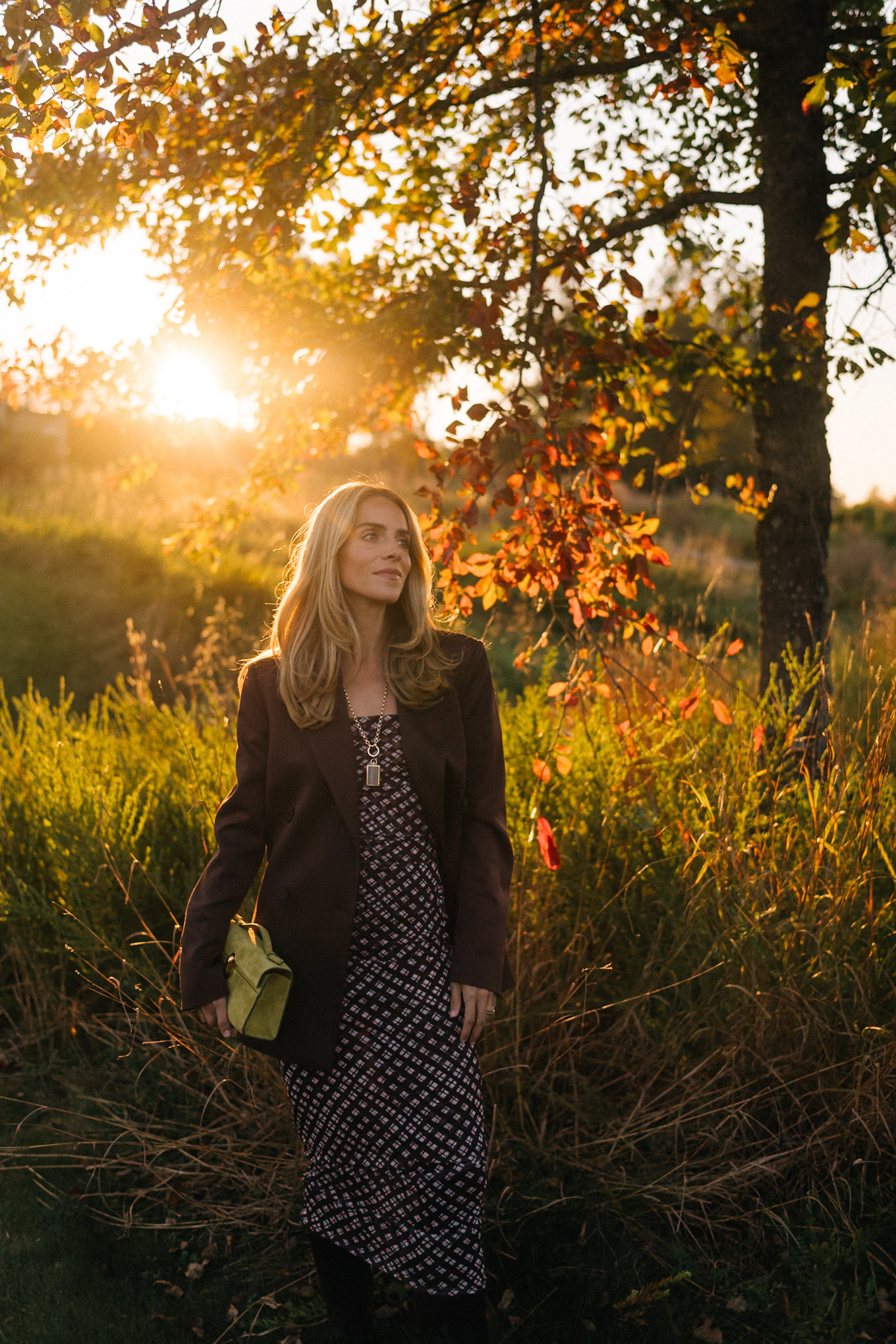 brown mesh checkered skirt set brown blazer brown boots green suede bag