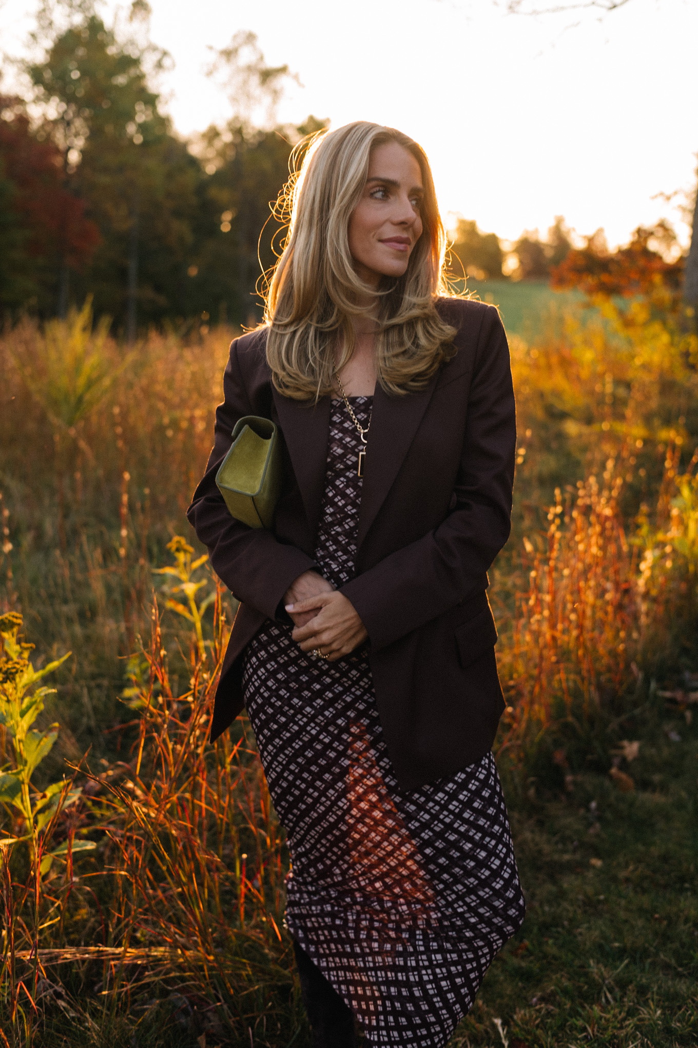 brown mesh checkered skirt set brown blazer brown boots green suede bag