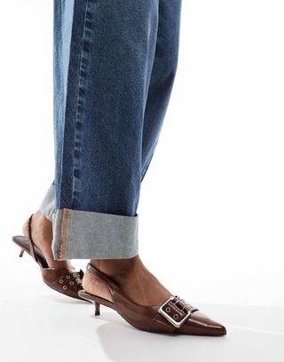 Asos Design Sleek Buckle Detail Slingback Kitten Heel Shoes in Dark Tan